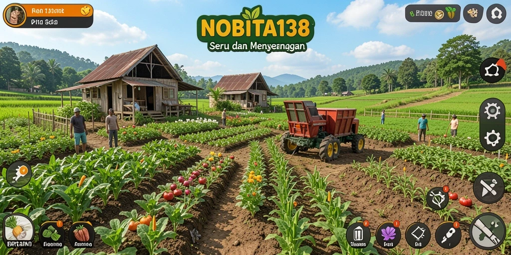 Tangkapan layar gameplay NOBITA138 yang menampilkan berkebun yang seru.