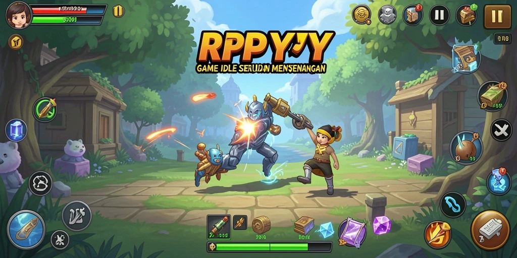 Screenshot menunjukkan gameplay santai dan kemajuan karakter dalam RPYYY.