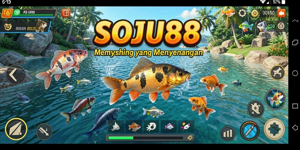 Tampilan gameplay SOJU88 saat menangkap ikan yang besar dan menantang.